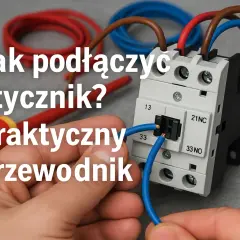 Praktyczny przewodnik: jak podłączyć stycznik jednofazowy. Dłoń z niebieskim przewodem zbliża się do stycznika.