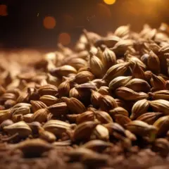 Zbliżenie na stos ziarna jęczmienia browarnego, gotowego do warzenia piwa.