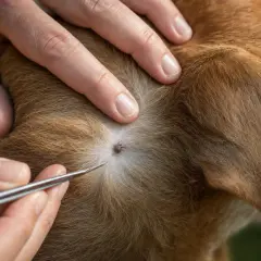 Rimozione di una zecca dal pelo di un cane con pinzette. Attenzione al morso zecca cane.