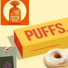 Vibrant product packaging trends: a box of "Puffs" doughnuts, a protein cake bag, and a pack of A4 cardstock.