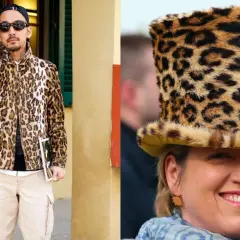 Un homme porte une veste au motif animalier léopard. Une femme arbore un chapeau haut de forme au même motif audacieux.
