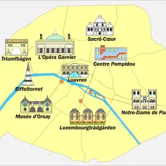 Karta över Paris sevärdheter: Eiffeltornet, Louvren, Notre-Dame, Triumfbågen, Sacré-Cœur, Musée d'Orsay, Centre Pompidou, L'Opéra Garnier och Luxembourgträdgården.