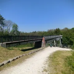 Malownicze trasy rowerowe Bydgoszcz. Most nad zielonym wąwozem, ścieżka dla rowerzystów i spacerowiczów.