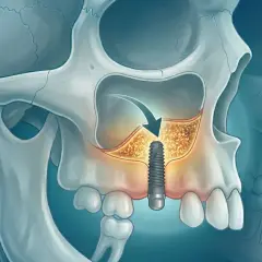 Illustrazione di un impianto dentale inserito nel mascellare superiore, con indicazione del rialzo seno mascellare e dei tempi di guarigione.
