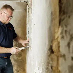 Mann prüft feuchtes Mauerwerk mit einem Messgerät. Möglicherweise wird eine Sperrschicht zur Abdichtung benötigt.