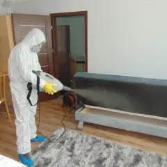 Osoba w kombinezonie ochronnym wykonuje dezynsekcję, co to jest? Zabieg z użyciem opryskiwacza na kanapie.