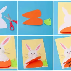 Tutorial per creare biglietti di Pasqua fai da te con coniglietto e carota. Passaggi per realizzare simpatici biglietti di Pasqua da costruire.
