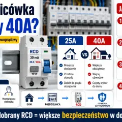 Porównanie wyłączników różnicowoprądowych 25A i 40A. Wybór zależy od obciążenia i liczby obwodów w domu.