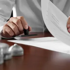 Osoba w białej koszuli stempluje dokument. To ważny krok, który może być częścią procesu wydania rekomendacji t knf.