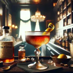 Elegancki Sazerac w kieliszku, obok butelka z etykietą "Sazerac", w stylowym barze.