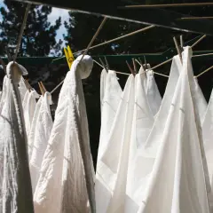 Des linges blancs, dont un pantalon, sèchent au soleil. Une astuce pour savoir comment blanchir un pantalon blanc : le laisser sécher à l'air libre après un bon lavage.