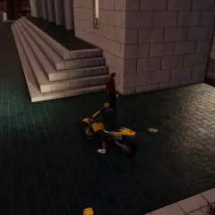 Postać na żółtym motocyklu w GTA San Andreas. Widać też innych przechodniów i budynek.