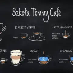 Szkoła Tommy Cafe prezentuje: espresso, cappuccino, latte macchiato, lungo i americano.