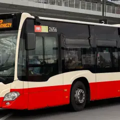 Autobus linii 210 "Przez Port Lotniczy" czeka na pasażerów na przystanku.