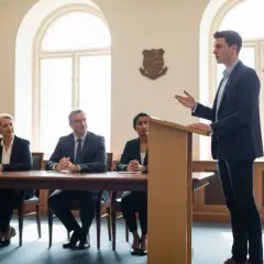Młody mężczyzna przemawia przy mównicy, podczas gdy komisja oceniająca słucha, jakby zadawała przykładowe pytania na obronie pracy licencjackiej.