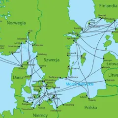 Mapa promów łączących Danię, Niemcy, Szwecję, Norwegię, Finlandię, Estonię, Łotwę, Litwę, Polskę i Islandię.