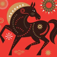 Stylizowany koń w brązowych i złotych barwach, otoczony symbolami słońca i gwiazd. Idealny na horoskop chiński 2026.