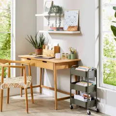 Bright, airy desk setup with plants and a rolling cart. Great small office decor ideas for a productive workspace.