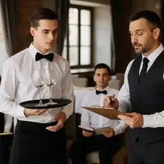 Szkolenie kelnerskie: młody kelner z kieliszkami, instruktor notuje. Dowiedz się, ile kosztuje kurs kelnerski i zacznij karierę.