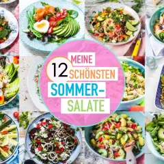 Collage mit 12 bunten sommer salat ideen, darunter Linsensalat, Lachs-Avocado-Salat und Hähnchensalat.