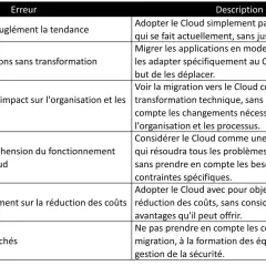 Tableau listant les erreurs courantes lors de l'adoption du Cloud, expliquant qu'est-ce que le Cloud et comment l'utiliser efficacement.
