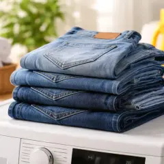 Stos czystych jeansów na pralce. Dowiedz się, jak prać jeansy, aby zachowały kolor i kształt.