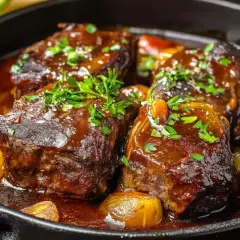 Quatre morceaux de joue de bœuf braisée, nappés d'une sauce riche et garnie de persil frais, mijotent avec des oignons dans une poêle en fonte.