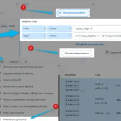 Strzałki wskazujące na opcje filtrowania produktów, zaawansowane filtrowanie i menu operacji w interfejsie aplikacji.