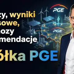 Analiza akcji PGE, prognozy i rekomendacje. Uśmiechnięty mężczyzna na tle mapy Polski z symbolami energetyki.