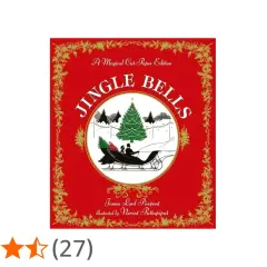Copertina di "Jingle Bells", canzone in inglese, con slitta e albero di Natale.