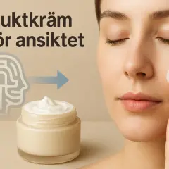 En kvinna applicerar fuktkräm i ansiktet. En burk med kräm och en stiliserad huvudform med en labyrint indikerar en ny, enkel face formula.
