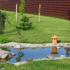 Un étang paisible avec des pierres, une lanterne japonaise et une plante bassin ornementale.
