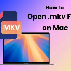 Learn how to open MKV files on Mac with this guide. An MKV file icon hovers over a MacBook Air displaying a colorful wallpaper.