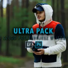 Mężczyzna w lesie trzyma aparat, obok ikony Lr i Ps. Dowiedz się, jak dodać presety do Lightrooma, by ulepszyć swoje zdjęcia.