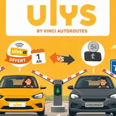 Le parrainage Ulys offre 1 an de badge gratuit, comparé à un concurrent payant. Deux voitures passent un péage.
