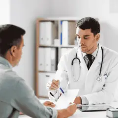 Médico explica a paciente qué es bueno para el dolor de garganta.
