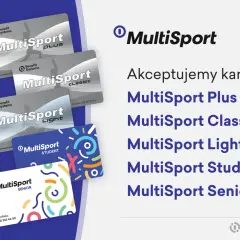 Kilka kart MultiSport Plus, Classic, Light, Student i Senior na niebieskim tle.