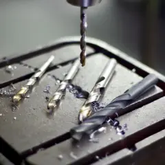 Vari tipi di punte per trapano, alcune dorate, altre scure, giacciono su una piastra metallica con trucioli di lavorazione.
