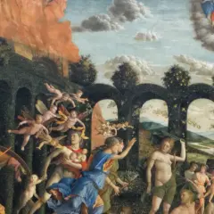 Scena pełna postaci, aniołków i bogów, symbolizująca triumf humanizmu nad chaosem.