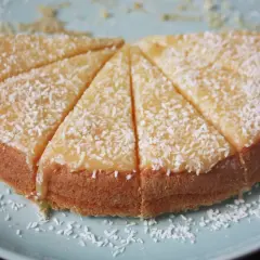 En saftig silviakaka rund, skuren i bitar och strödd med kokosflingor. Perfekt för fikat!