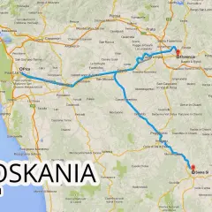 Mapa Toskanii z zaznaczoną trasą od Pizy do Sieny, pokazująca główne miasta i lotnisko Florencja.