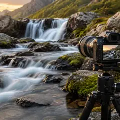 Aparat fotograficzny na statywie uwiecznia górski potok z wodospadem. Słońce tworzy na wodzie piękne, falujące **caustics**.