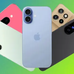 Kompaktowe smartfony w różnych kolorach: jasnoniebieski iPhone, różowy, miętowy, złoty i czarny.