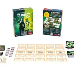 Gra planszowa "Tajniacy Duet" z kartami i planszami. Gracze wcielają się w tajnych agentów, tworząc zgrany duet.
