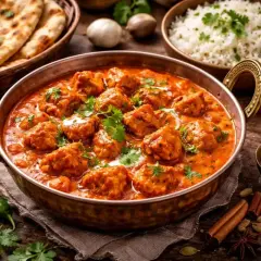 En skål med krämig tikka masala, serverad med fluffigt ris och naanbröd. Kryddor som kanel och kardemumma ligger utspridda runt om.