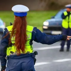 Policjantka zatrzymuje ruch, by sprawdzić, ile punktów za przekroczenie prędkości dostanie kierowca.