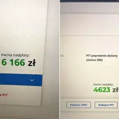 Jak sprawdzić zwrot z PIT? Na ekranie widać kwotę nadpłaty 6166 zł, a obok status "PIT poprawnie złożony" z kwotą 4623 zł.