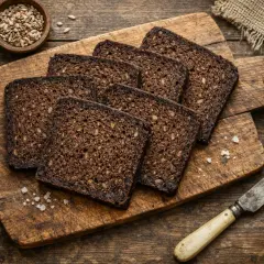 Tranches de pumpernickel sur une planche en bois, prêtes pour une délicieuse recette. Un bol de graines et un couteau complètent la scène rustique.