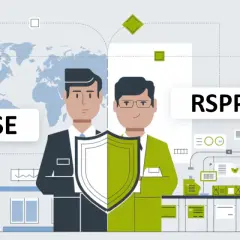 Due uomini con uno scudo, uno etichettato HSE acronimo, l'altro RSPP, su uno sfondo con mappa del mondo e diagrammi.