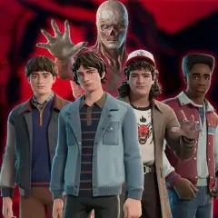 Postacie ze Stranger Things w Fortnite, z Vecną czającym się w tle.